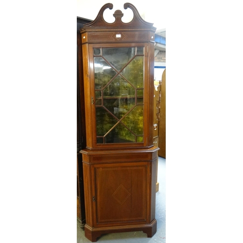 460 - Edwardian mahogany inlaid astragal glazed two stage corner cabinet.
(B.P. 21% + VAT)