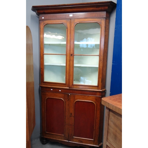 462 - Victorian oak two stage glazed corner cabinet with fixed shaped shelves. 
(B.P. 21% + VAT)