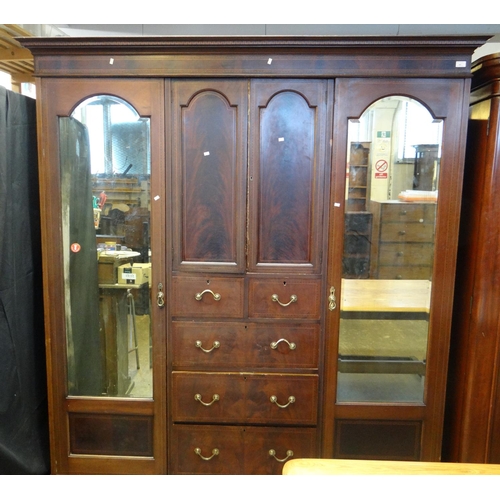 483 - Edwardian mahogany inlaid triple section mirrored wardrobe. 
(B.P. 21% + VAT)