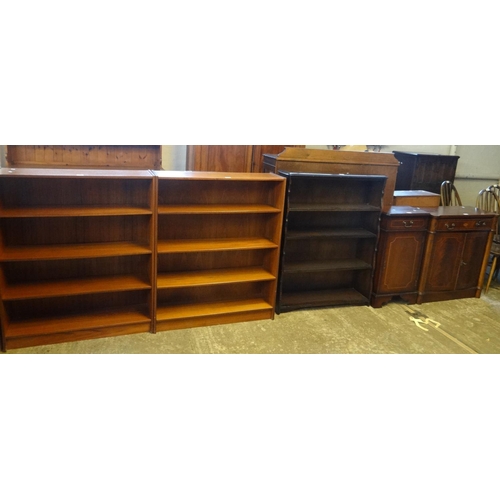 485 - Pair of 1970's teak bookcases, together with another stained waterfall design bookcase and two moder... 