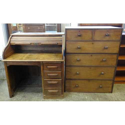 486 - Early 20th Century oak 'S' roll tambour front single pedestal desk, together with a chest of two sho... 