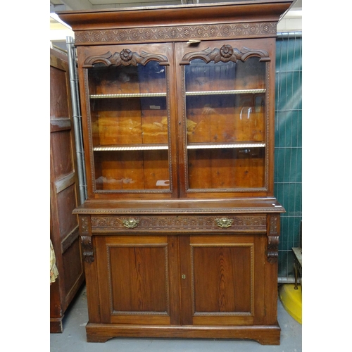 488 - Edwardian stained chiffonier bookcase cabinet with moulded and carved decoration.  130cm wide approx... 