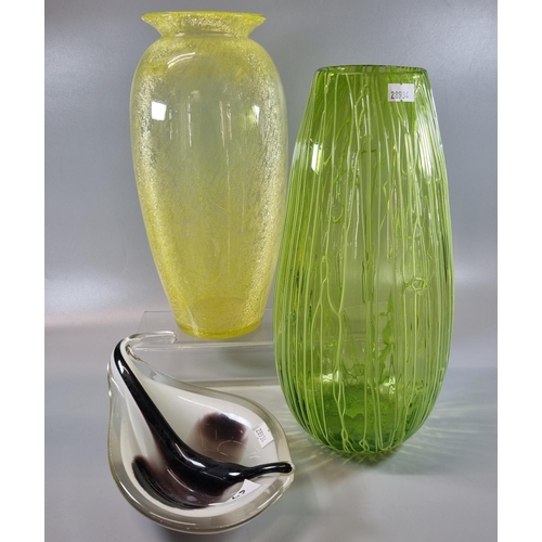 67 - A hand blown glass acid green veined vase, probably made in Murano. 34cm high approx. Together with ... 