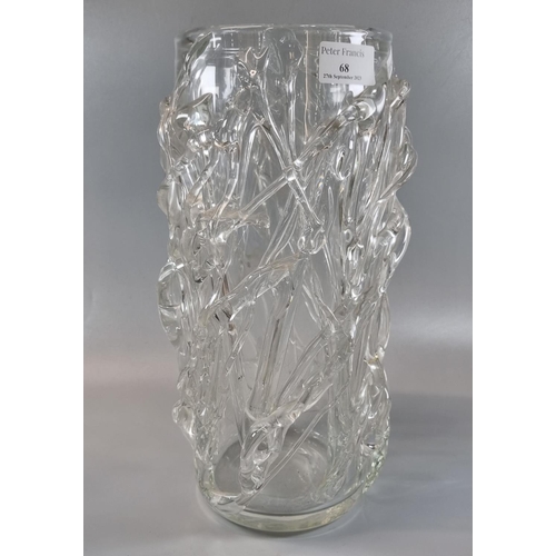 68 - Clear art glass vase of cylinder form with raised abstract decoration to the outside, probably conti... 