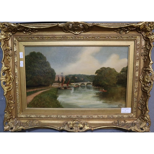 7 - V Lewis (19th Century), Italian river scene with bridge and moored vessels, signed, oils on canvas. ... 