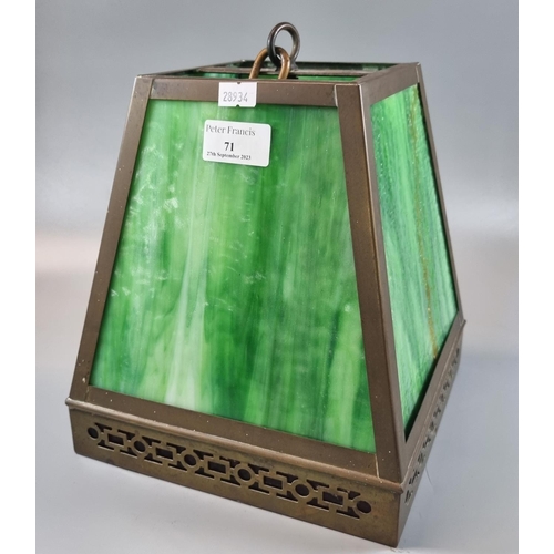 71 - Art Deco style brass framed ceiling light with green marbled finish glass panels. 
(B.P. 21% + VAT)