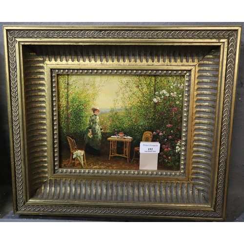 152 - French School (20th century), lady in a garden, signed.  Oils on panel.  21x26cm approx.   (B.P. 21%... 