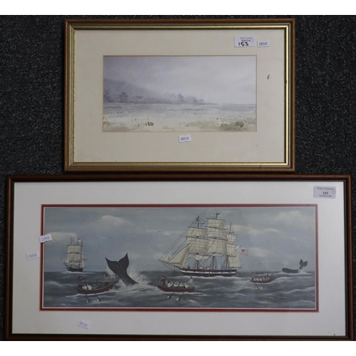 153 - After Jean Colquhoun, 19th century whaling scene, coloured print.  18x48cm approx.  Together with wa... 