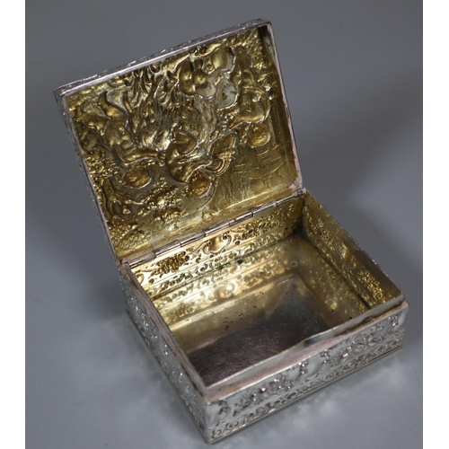 224 - Late Victorian silver repoussé decorated box with cherubs in a garden setting with a goat.  Chester ... 