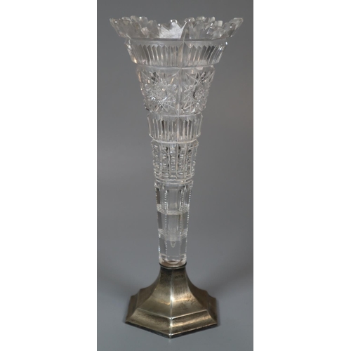 226 - George V glass epergne vase on silver geometric base.  Birmingham 1912.  23cm high approx.  (B.P. 21... 