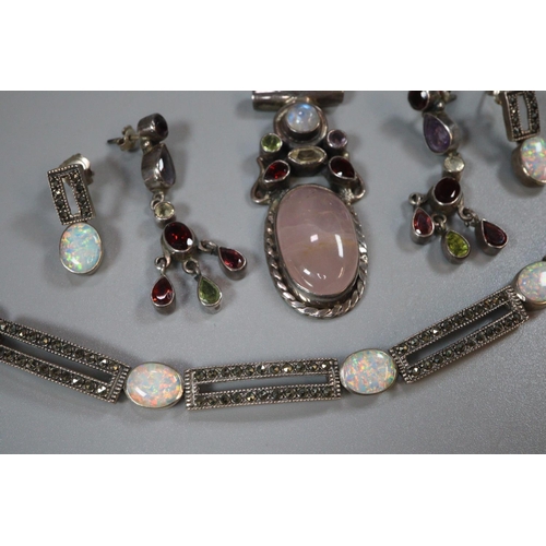 258 - Silver marcasite and five stone opal bracelet together with a pair of matching earrings and a multic... 