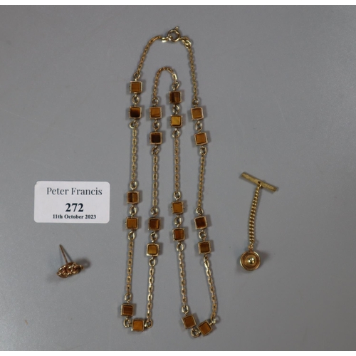 272 - Yellow metal and Tiger's eye necklace together with a Celtic knot design pin brooch.  (B.P. 21% + VA... 