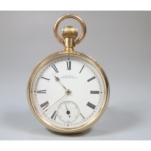 284 - Waltham gold plated open faced keyless pocket watch with Roman numerals and seconds dial.  Fitted ca... 