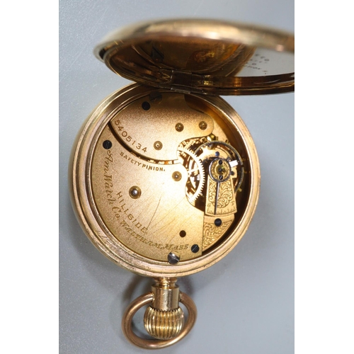 284 - Waltham gold plated open faced keyless pocket watch with Roman numerals and seconds dial.  Fitted ca... 