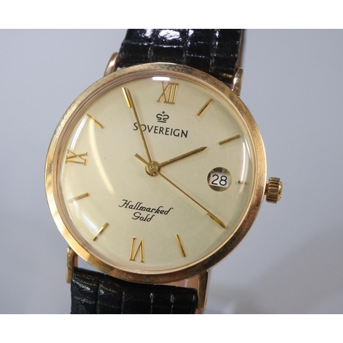 290 - Sovereign 9ct gold quartz wristwatch with Baton and Roman numerals, date aperture and leather strap.... 