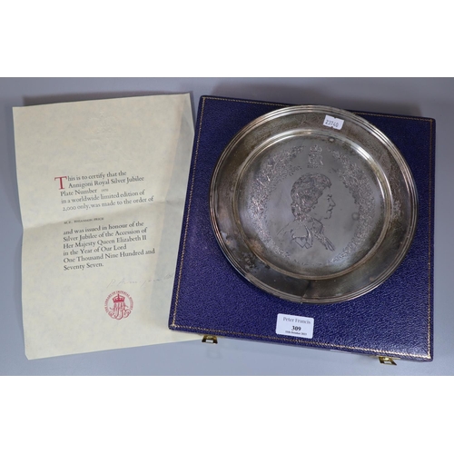 309 - Silver Annigoni Royal Jubilee plate in original box with COA, limited edition of 2000, this No. 1970... 