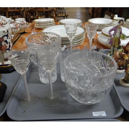 379 - Tray of glassware to include: cut glass drinking glasses and dessert bowls and four cordial glasses ... 