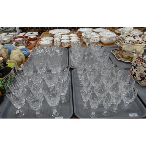 385 - Four trays of glassware to include: various drinking vessels, liqueur glasses, dessert bowls, set of... 