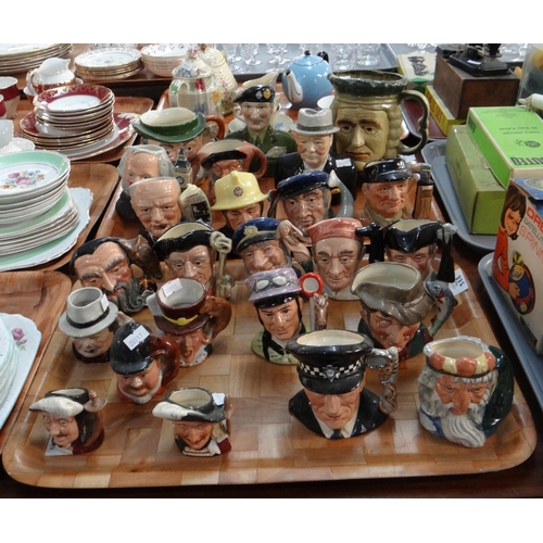 388 - Two trays of character jugs, mainly Royal Doulton to include: 'The Poacher', 'The Fireman', 'John Do... 