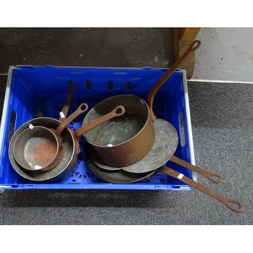 396 - Box of copper pans and two skillets. 
(B.P. 21% + VAT)