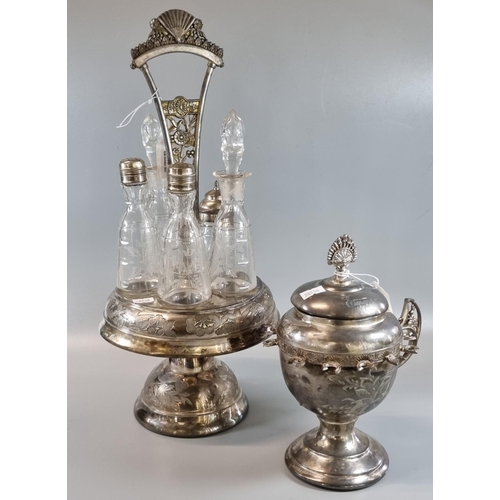 40 - Early 20th century silver plated and glass five piece condiment set with single handle together with... 