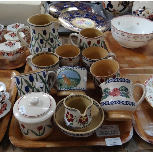 401 - Tray of twelve Nicholas Mosse Irish pottery spongeware design items to include: jugs, mugs, milk jug... 