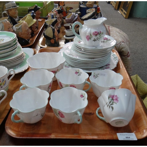 404 - Tray of Shelley rose design moulded floral teaware to include: teacups and saucers, milk jug, sugar ... 