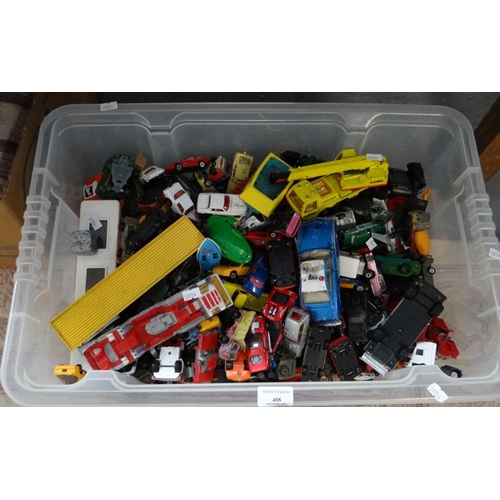 408 - Plastic box comprising a large collection of playworn diecast and other model vehicles: cars, lorrie... 