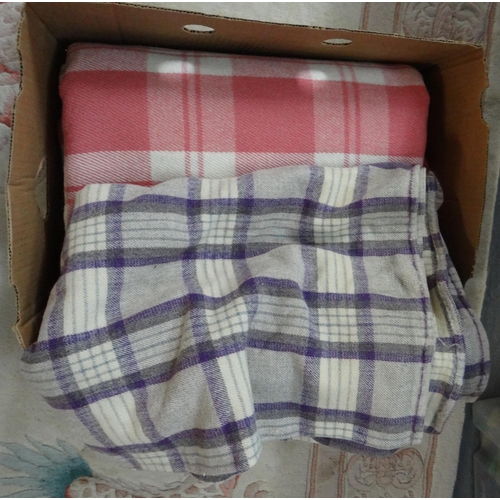 409 - Box containing two vintage woollen check blankets or carthen; one is Melin Tregwynt, 183 x 244cm, pu... 