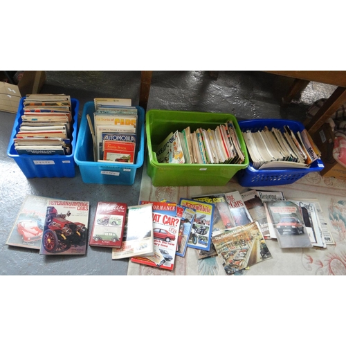 410 - Four boxes of vintage and classic car ephemera, magazines and books to include: various 1980's car m... 