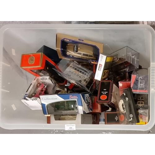 434 - Plastic box of sorted diecast model vehicles to include: Corgi, The Original Omnibus, Corgi The Quee... 