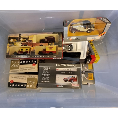 438 - Plastic box of assorted diecast model vehicles to include: Vanguards, Detail Car Collection by Corgi... 