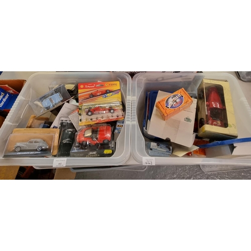 442 - Two boxes of assorted diecast model vehicles to include: Classic Racing Car by Memorabilia, Norev, M... 