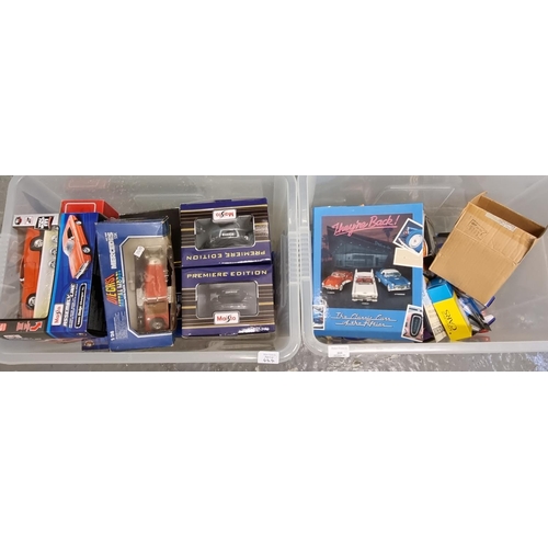 444 - Two boxes of assorted diecast model vehicles to include: Maisto Assembly Line and Premier Edition, W... 