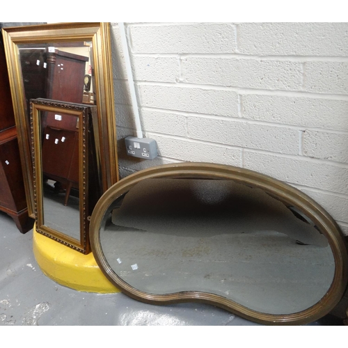 471 - Gilt frame bevel plate kidney shaped mirror together with two modern mirrors.  (3)  (B.P. 21% + VAT)