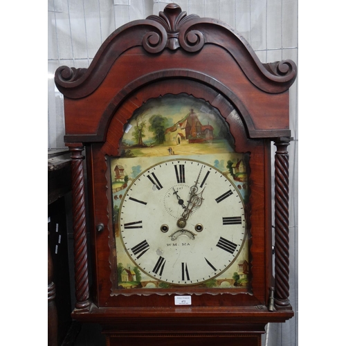 472 - 19th century mahogany eight day long case clock with arched painted Roman face having seconds dial. ... 