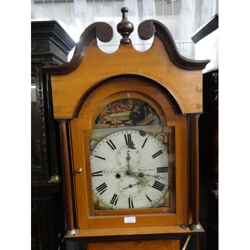 475 - 19th century pine long case clock, having painted dial marked 'R C Unthank, Stokesley' to the Roman ... 