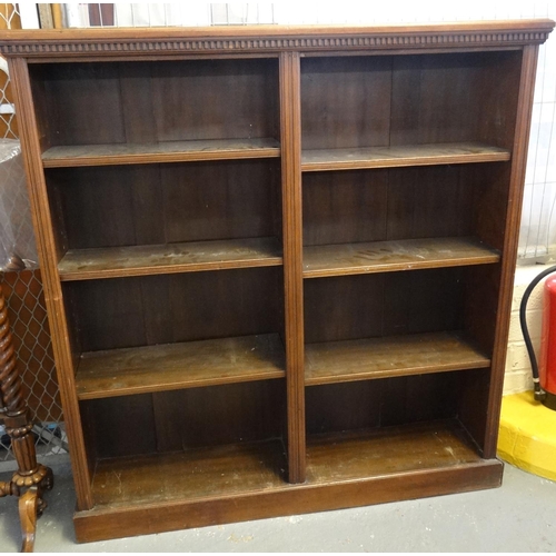 481 - Edwardian walnut free standing bookcase, the moulded top with dental cornice above an arrangement of... 