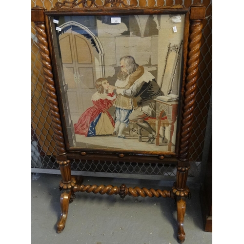 482 - Victorian rosewood figural tapestry fire screen on barley twist pilasters and supports.  (B.P. 21% +... 