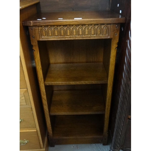 491 - Old charm style oak three tier bookcase of narrow proportions.  (B.P. 21% + VAT)