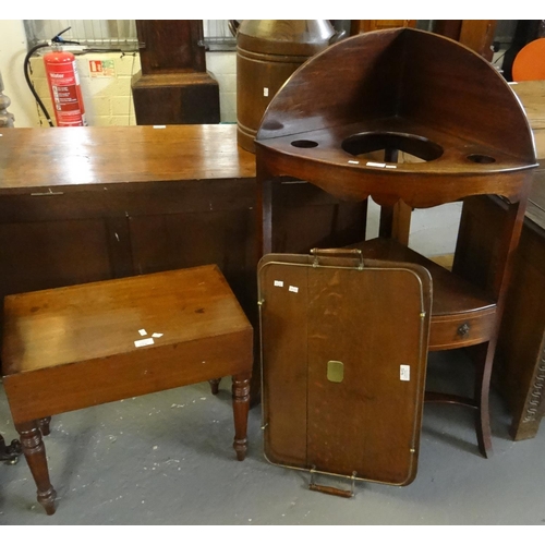 504 - 19th century mahogany inlaid bow front corner wash stand together with a 19th century mahogany commo... 