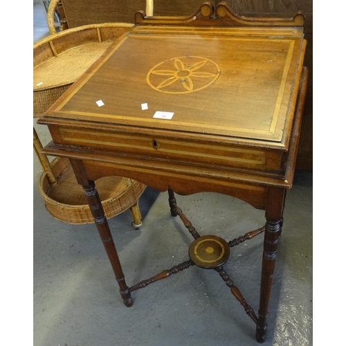 506 - Late 19th early 20th century mahogany inlaid fall front clerk's type desk on stand, decorated with t... 