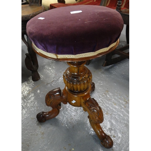 512 - Victorian carved walnut tripod adjustable piano stool.
(B.P. 21% + VAT)