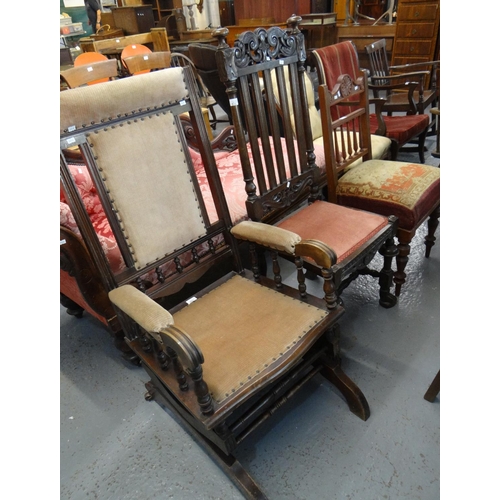 515 - Early 20th Century American spring rocking armchair. Together with a Victorian high back hall chair ... 