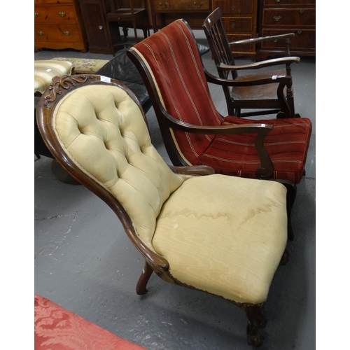 517 - Victorian walnut framed button back upholstered fireside or nursing chair, together with a 19th Cent... 