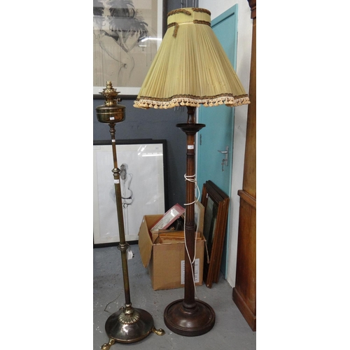 520 - Victorian brass oil burner lamp now converted to a standard lamp on an Arts & Crafts style base toge... 