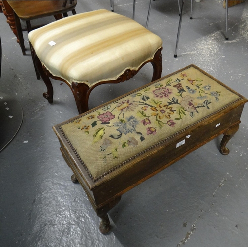 522 - Victorian walnut upholstered foot stool on cabriole legs and scroll feet together with an early 20th... 