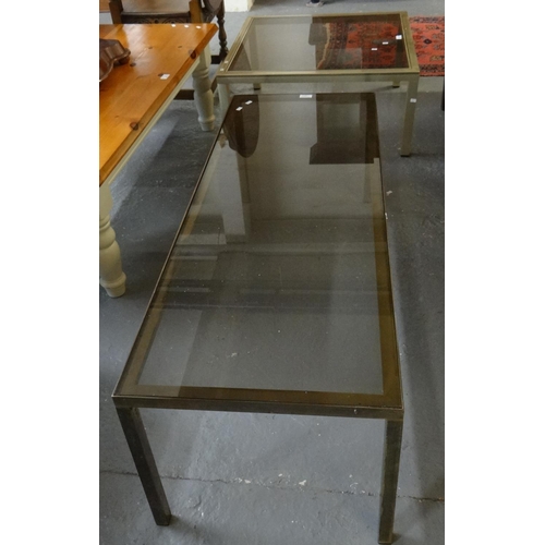 529 - Two glass tap coffee table of square and rectangular form, one with heavy brass frame.  (2)  (B.P. 2... 