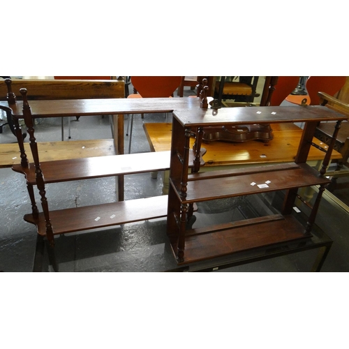 550 - Two similar pine and mahogany wall shelfs, one of serpentine form.  (2)  (B.P. 21% + VAT)