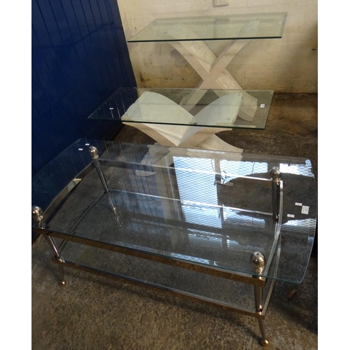 557 - Two similar glass topped occasional coffee tables with X frame simulated limestone bases together wi... 